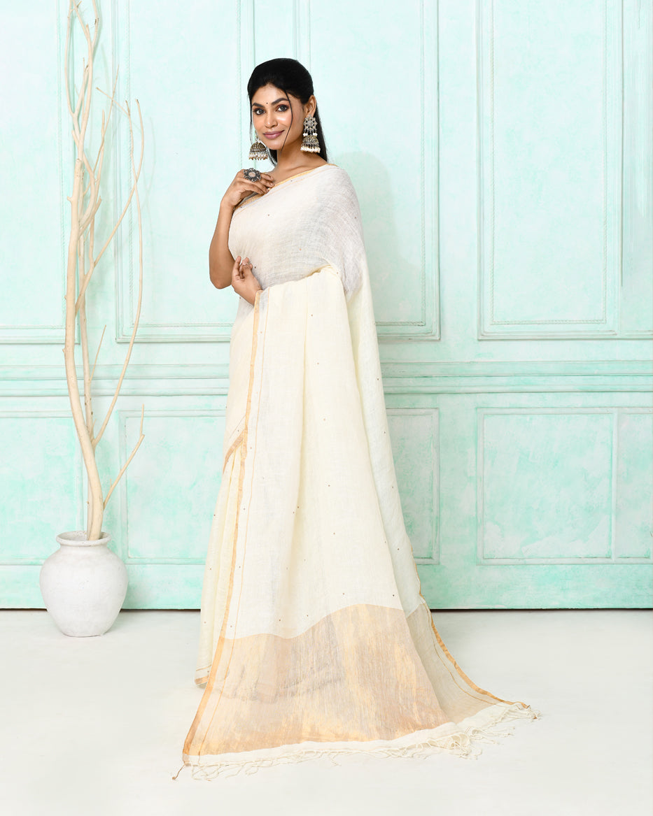 Piyari Fashion Women's White Handloom Linen Sequin Saree With Blouse - Distacart