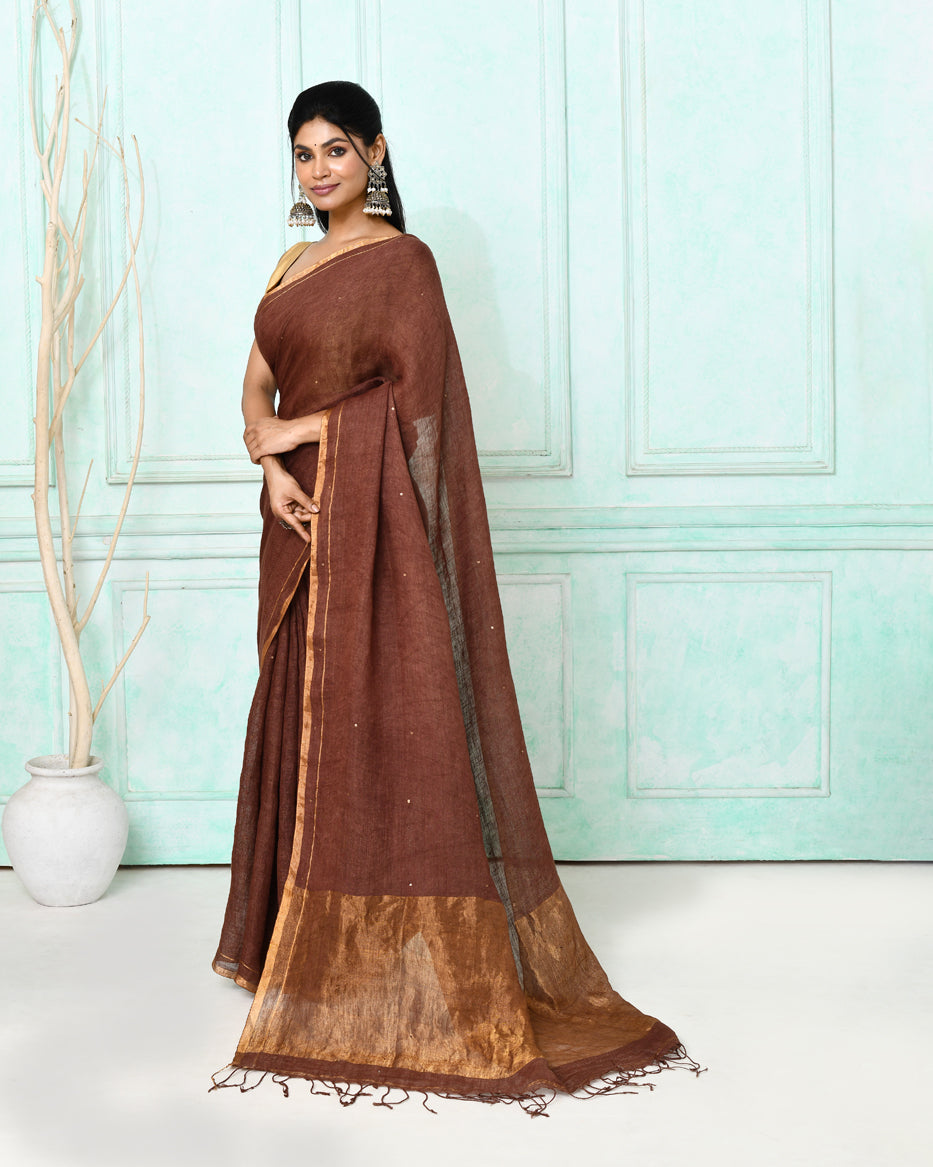 Piyari Fashion Women's Brown Handloom Linen Sequin Saree With Blouse - Distacart