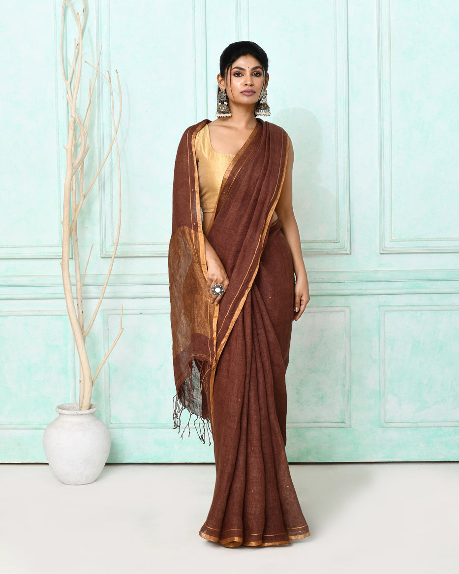 Piyari Fashion Women's Brown Handloom Linen Sequin Saree With Blouse - Distacart