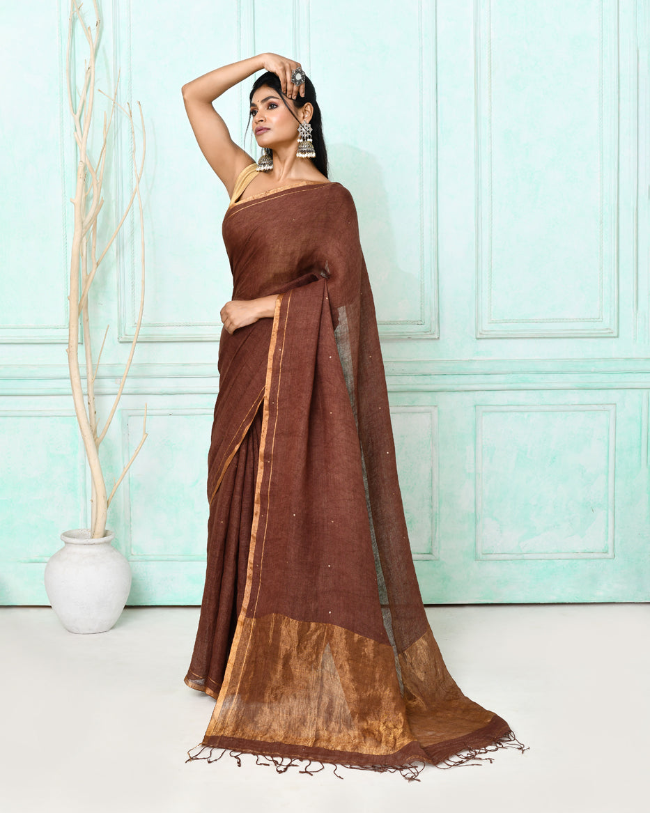 Piyari Fashion Women's Brown Handloom Linen Sequin Saree With Blouse - Distacart