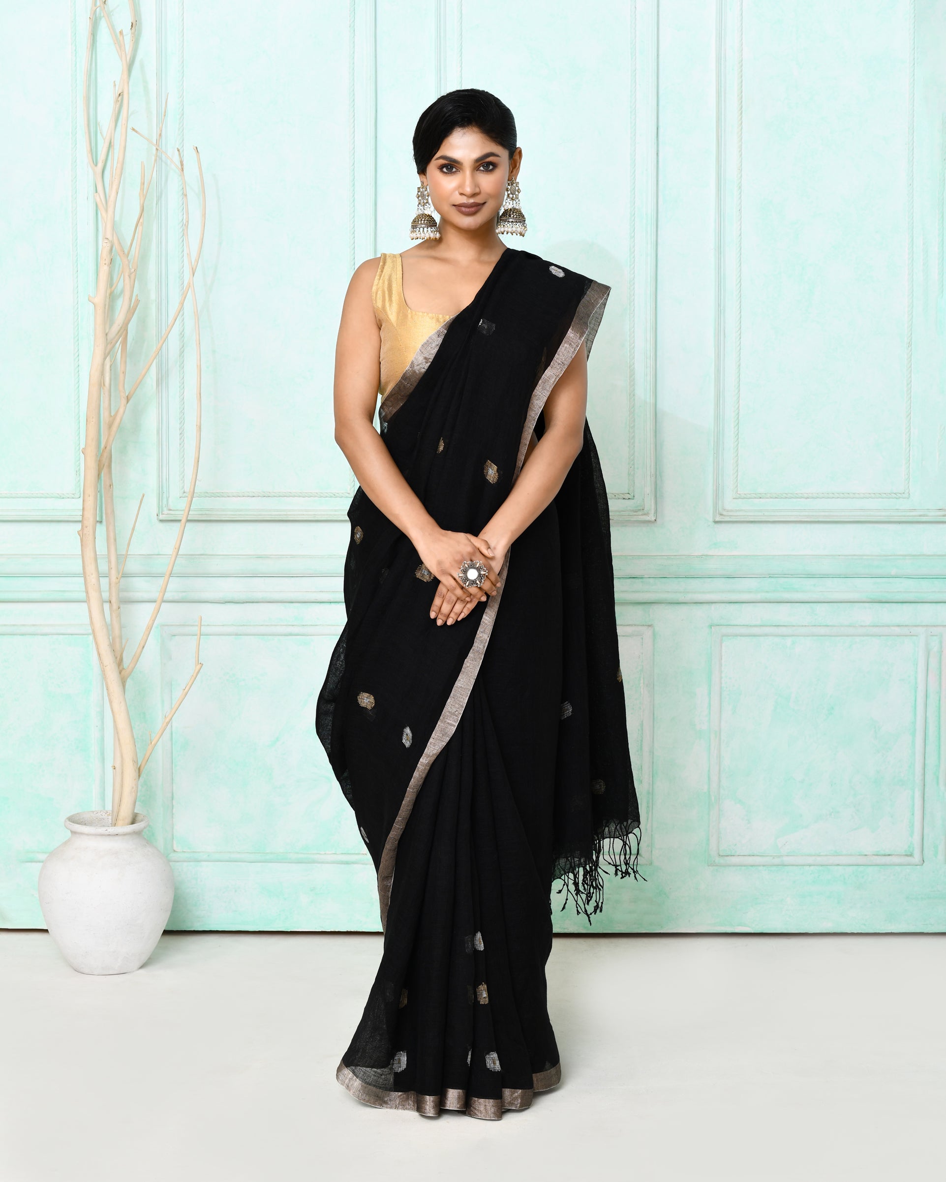 Piyari Fashion Women's Black Handloom Linen Jamdani Saree With Blouse - Distacart