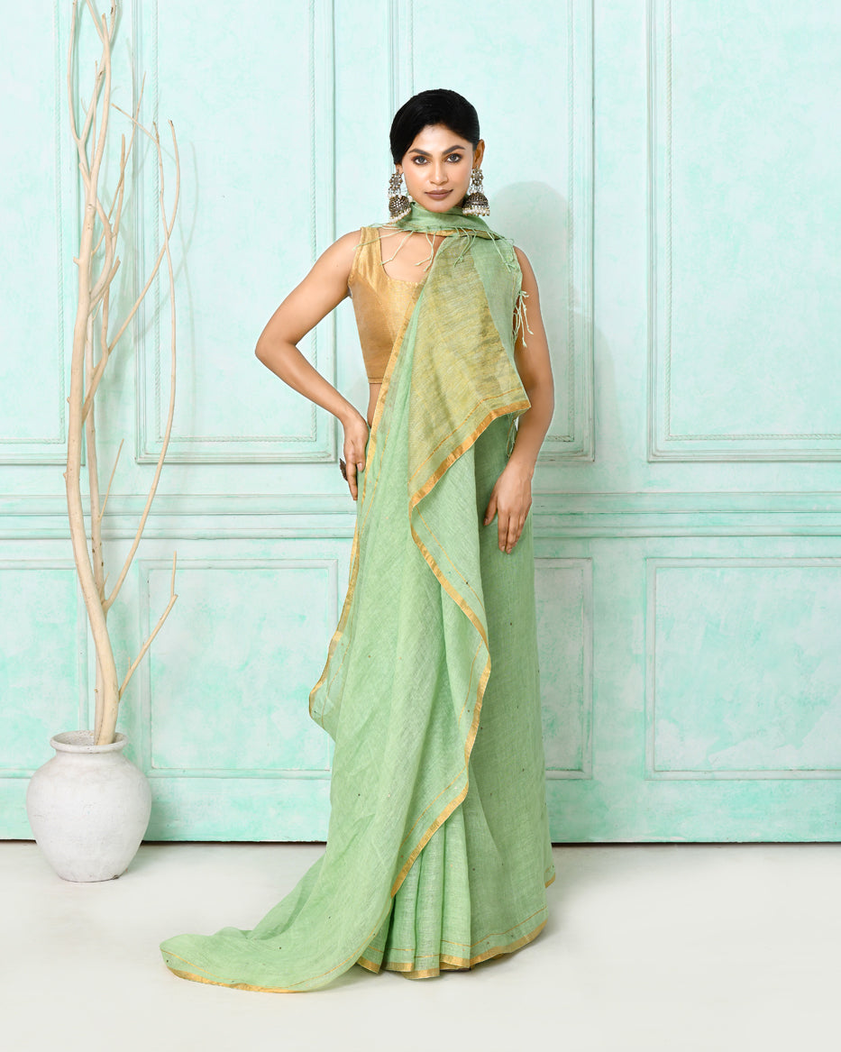 Piyari Fashion Women's Sea Green Handloom Linen Sequin Saree With Blouse - Distacart