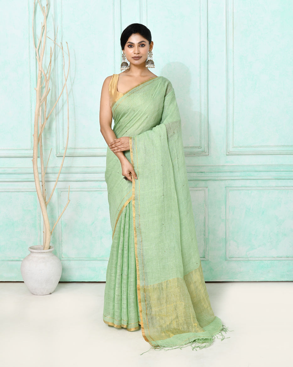 Piyari Fashion Women's Sea Green Handloom Linen Sequin Saree With Blouse - Distacart