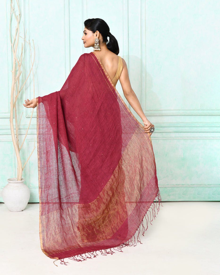 Piyari Fashion Women's Maroon Handloom Linen Sequin Saree With Blouse - Distacart