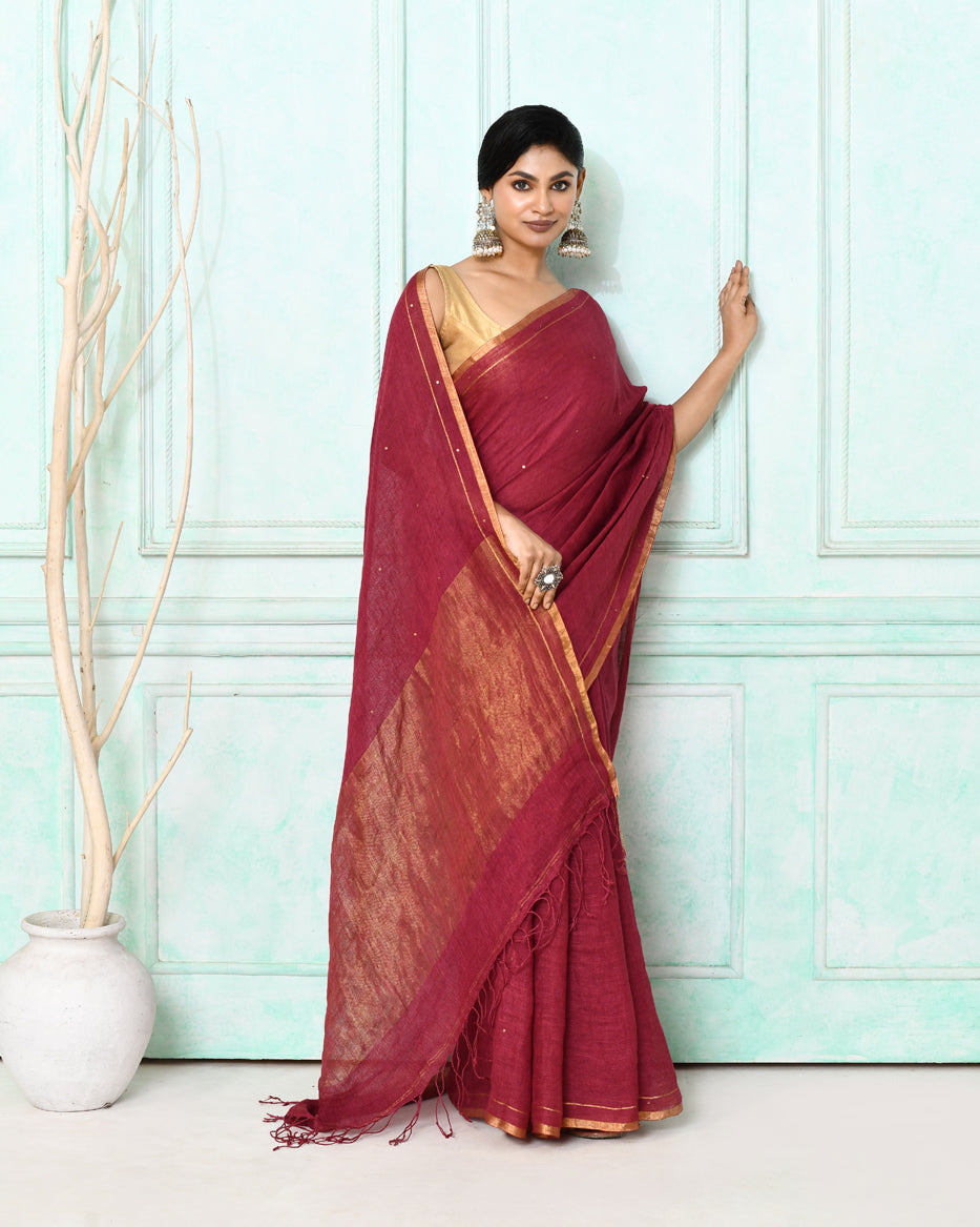 Piyari Fashion Women's Maroon Handloom Linen Sequin Saree With Blouse - Distacart