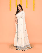 Piyari Fashion Women's Off White Linen Ball Jamdani Saree With Tassels - Distacart