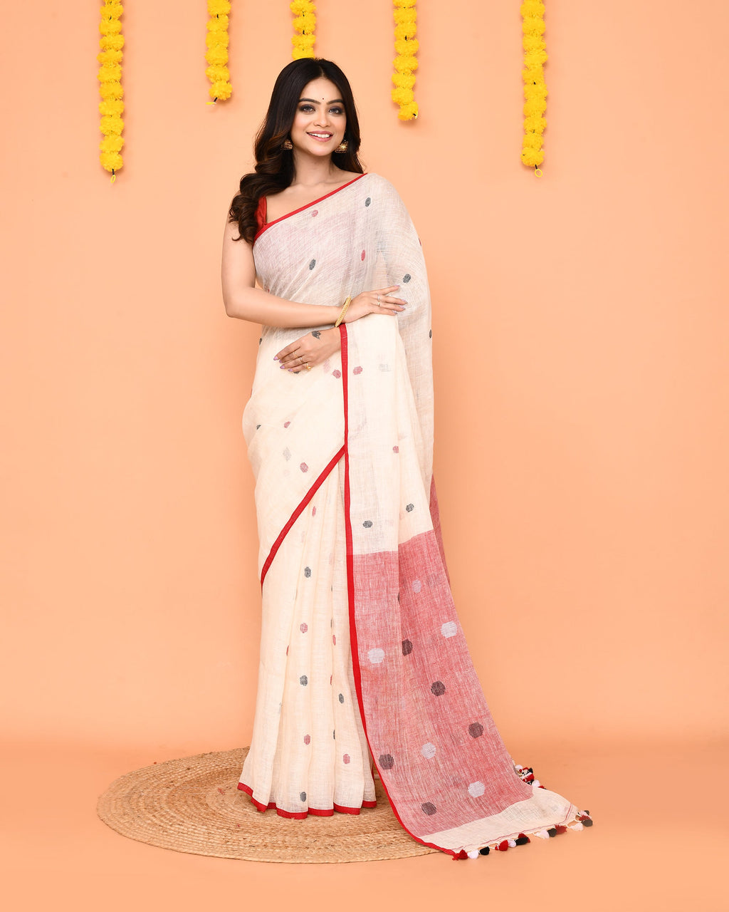 Piyari Fashion Women's Off White Linen Ball Jamdani Saree With Tassels - Distacart