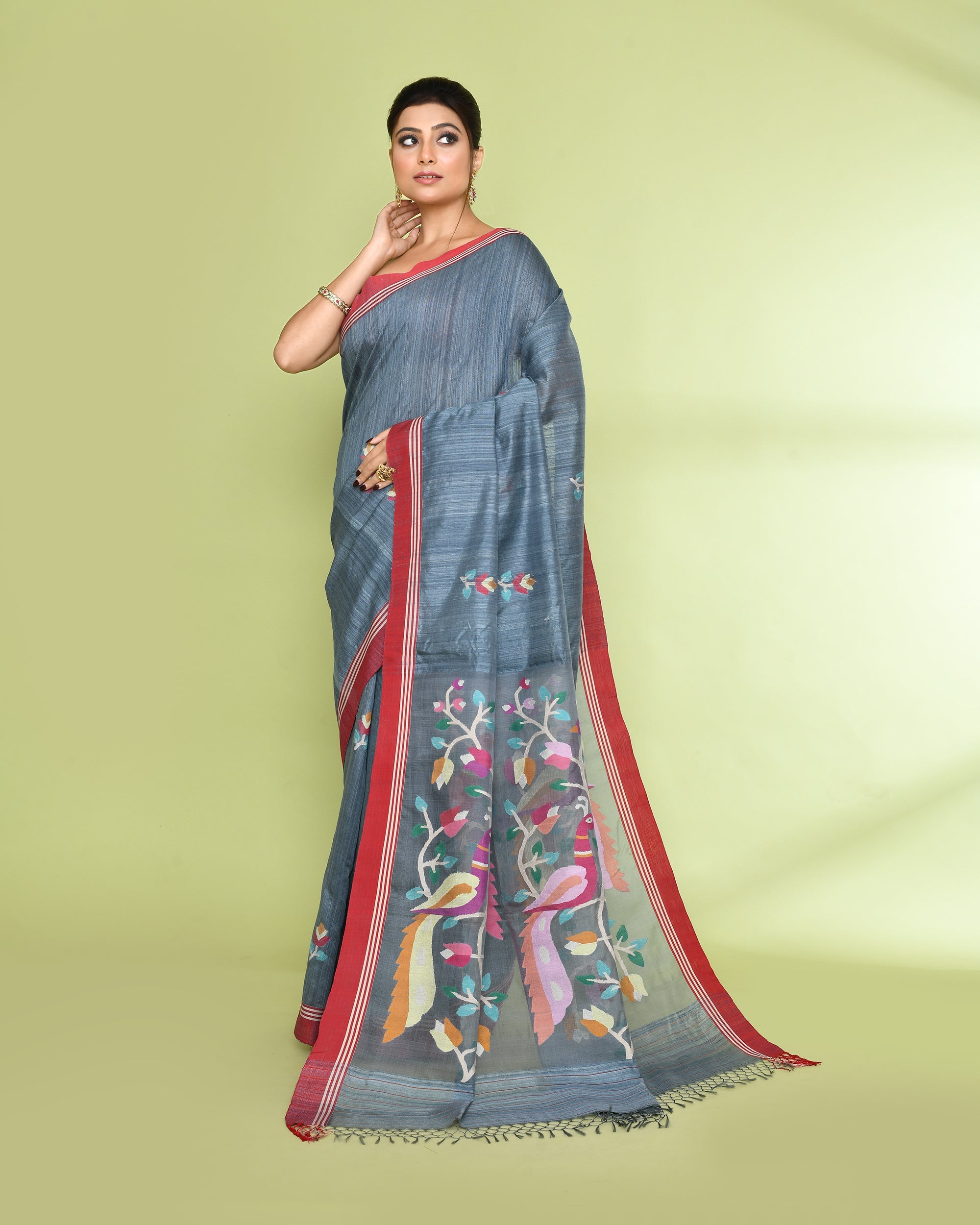Piyari Fashion Women's Blue Grey Embellished Matka Silk Jamdani Saree - Distacart