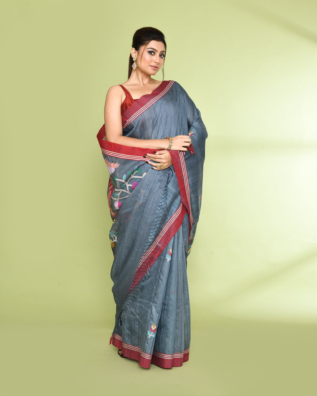 Piyari Fashion Women's Blue Grey Embellished Matka Silk Jamdani Saree - Distacart