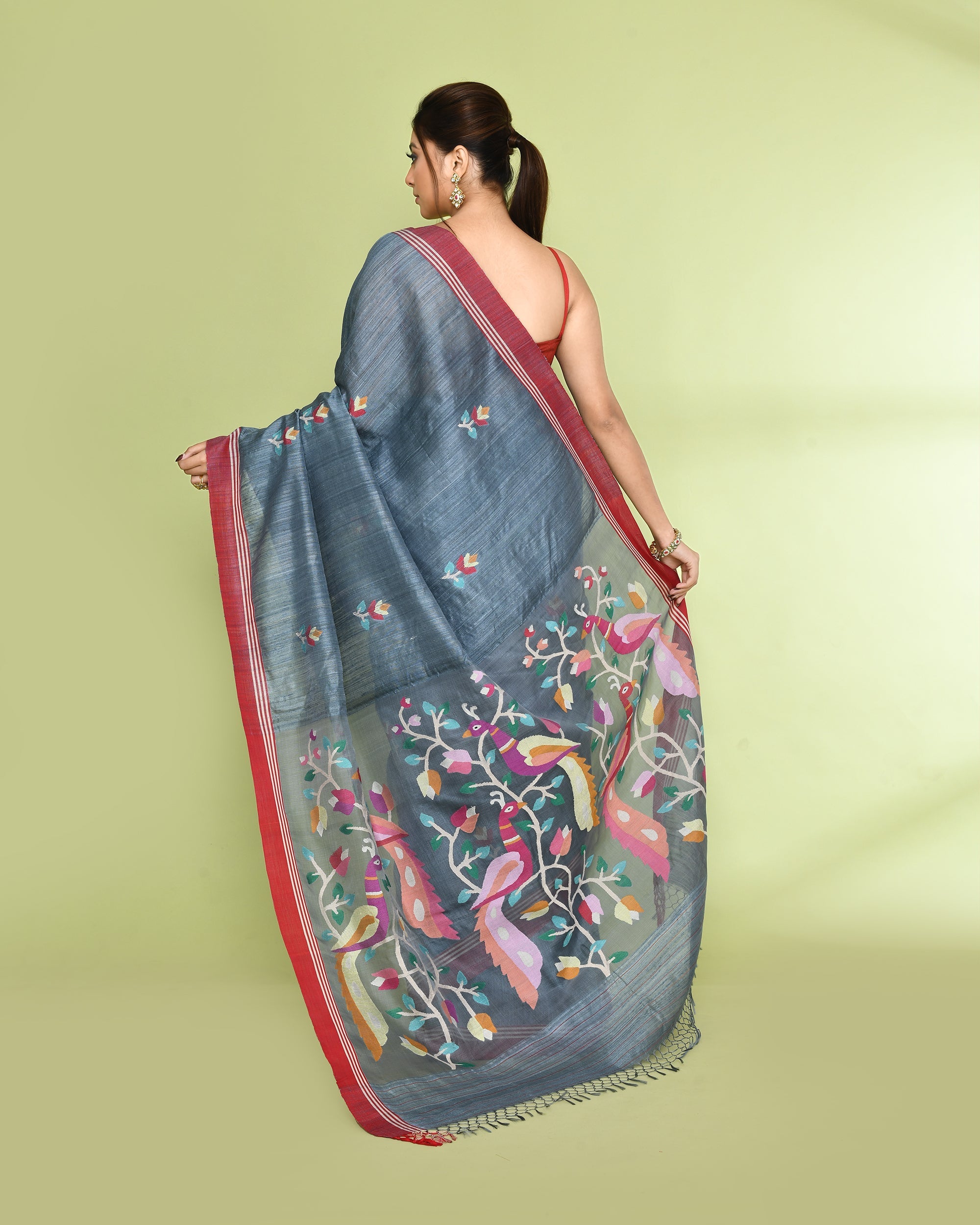 Piyari Fashion Women's Blue Grey Embellished Matka Silk Jamdani Saree - Distacart