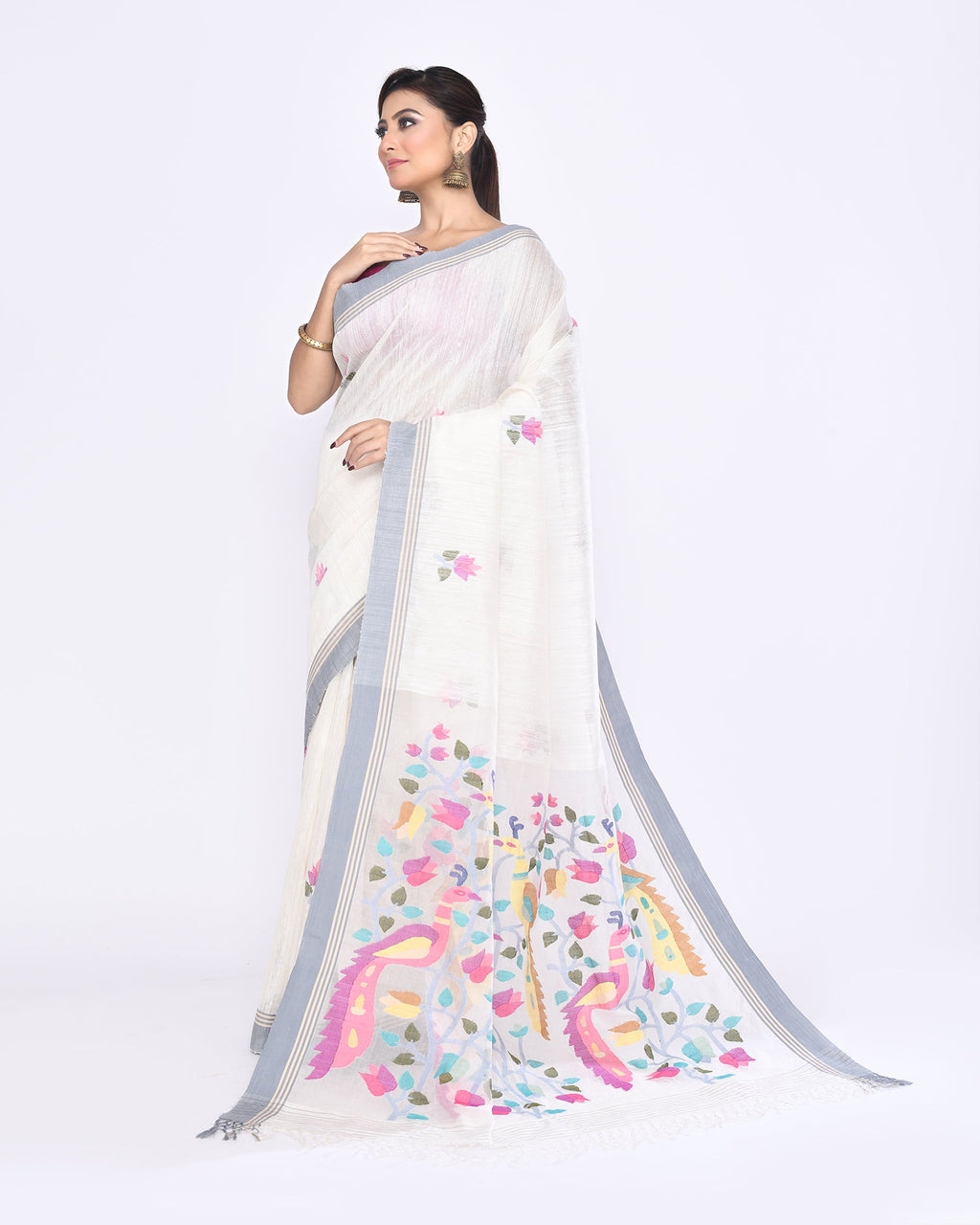 Piyari Fashion Women's Off White Embellished Matka Silk Jamdani Saree - Distacart