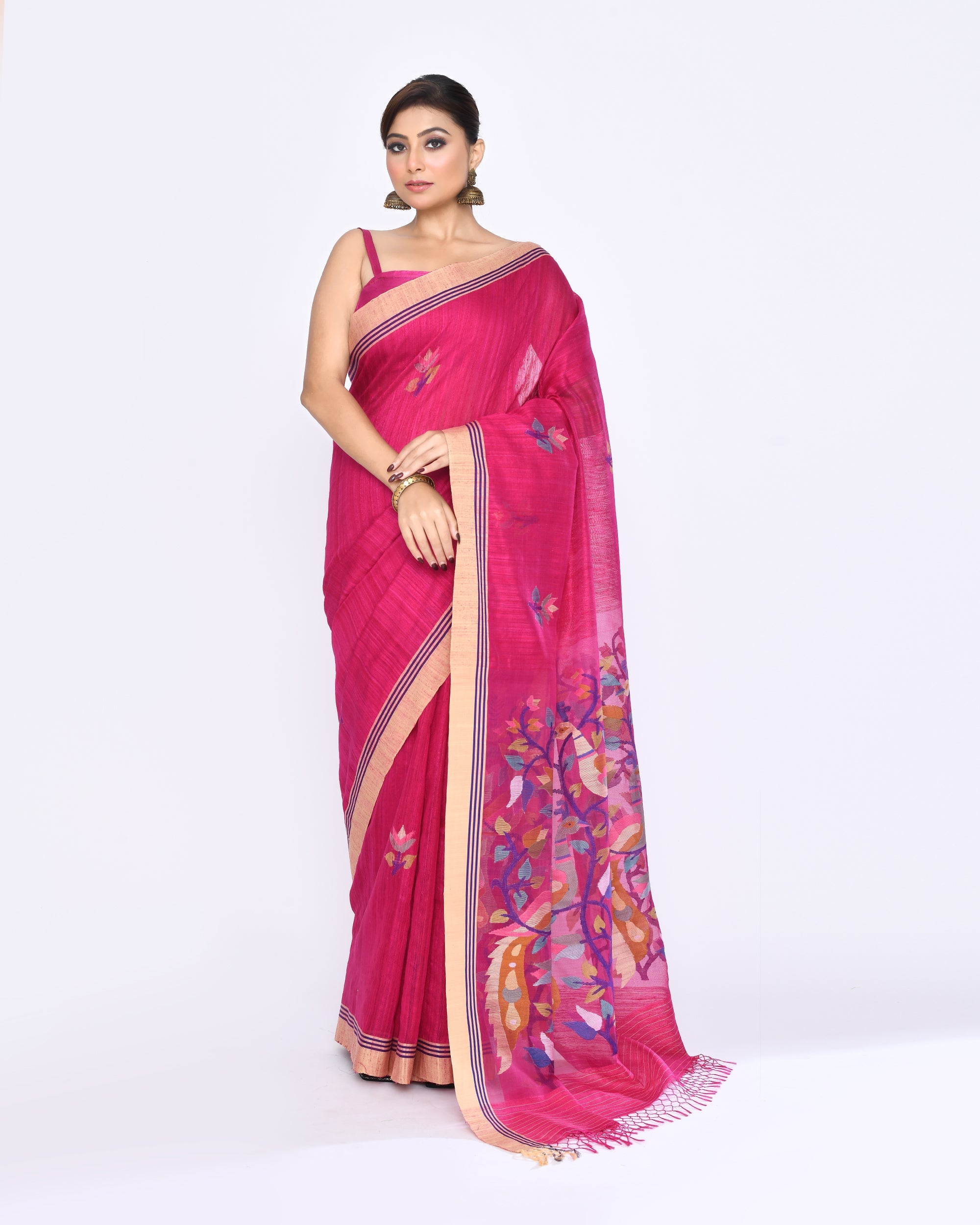 Piyari Fashion Women's Rani Pink Embellished Matka Silk Jamdani Saree - Distacart