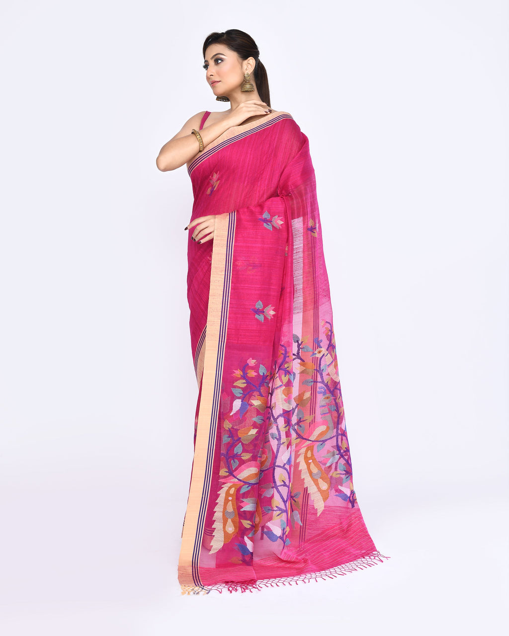 Piyari Fashion Women's Rani Pink Embellished Matka Silk Jamdani Saree - Distacart
