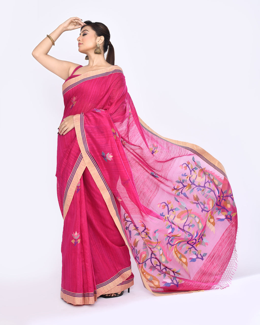 Piyari Fashion Women's Rani Pink Embellished Matka Silk Jamdani Saree - Distacart