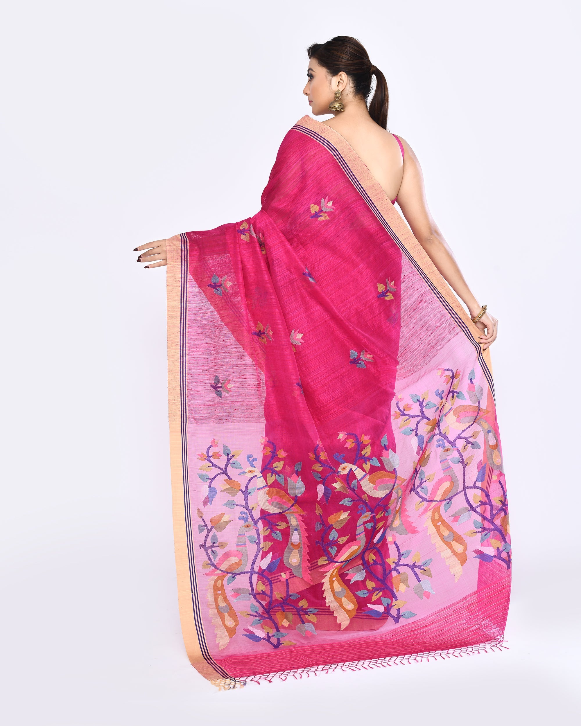 Piyari Fashion Women's Rani Pink Embellished Matka Silk Jamdani Saree - Distacart