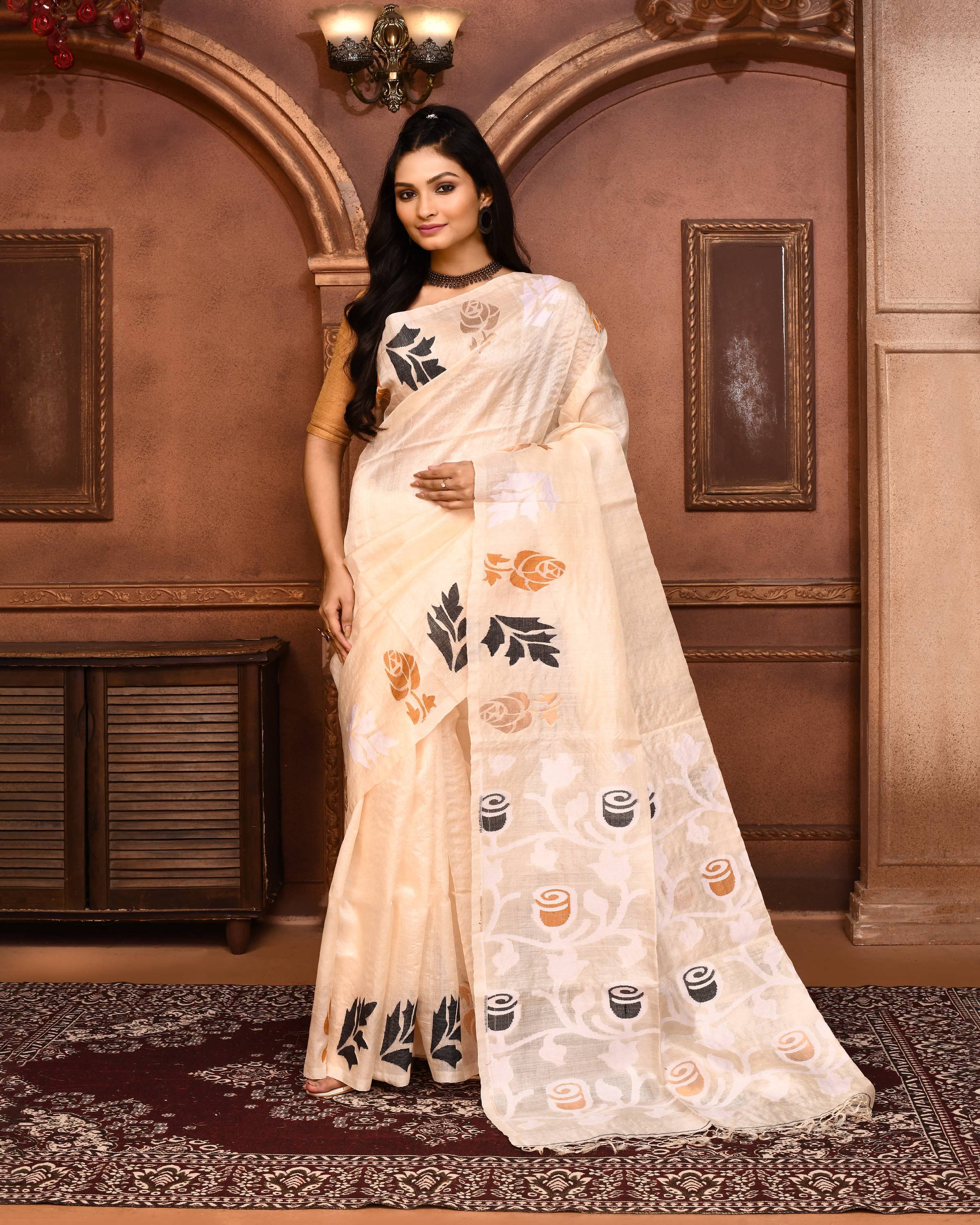 Piyari Fashion Off White Tussar Silk Jamdani Saree With Blouse Piece - Distacart