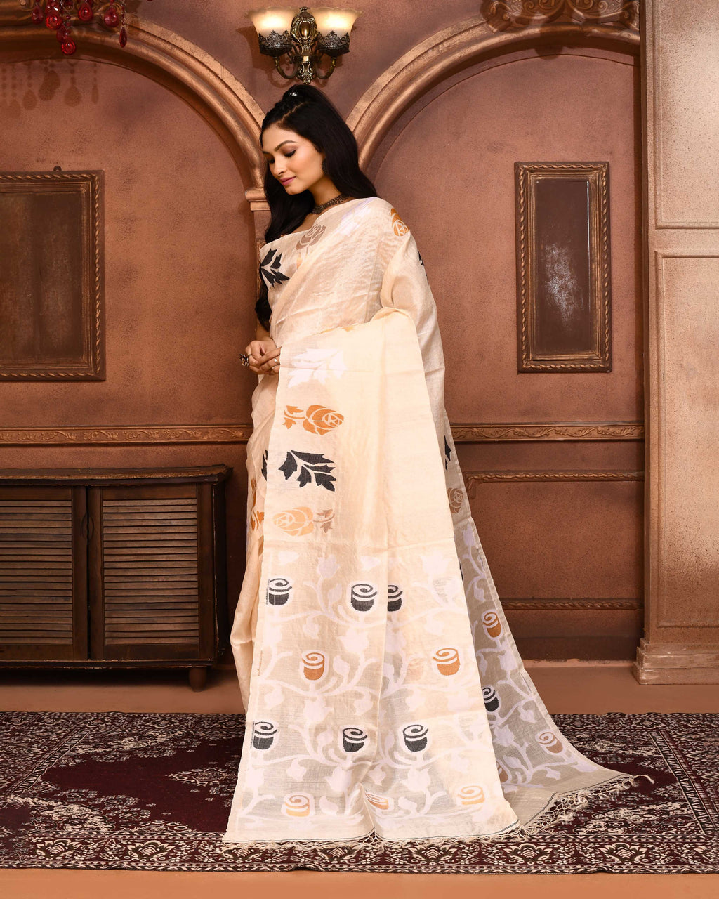 Piyari Fashion Off White Tussar Silk Jamdani Saree With Blouse Piece - Distacart