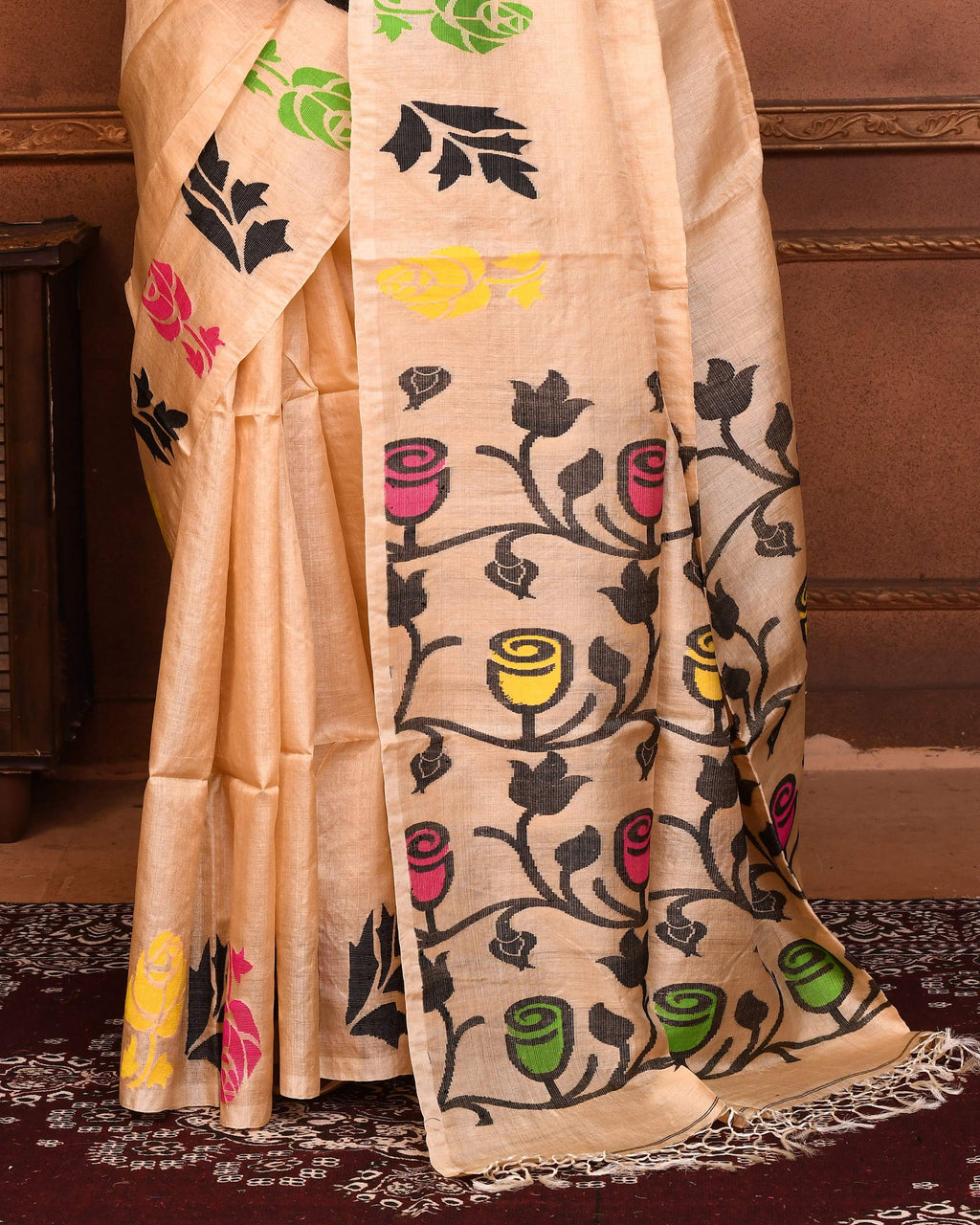 Piyari Fashion Beige Tussar Silk Jamdani Saree With Blouse Piece - Distacart