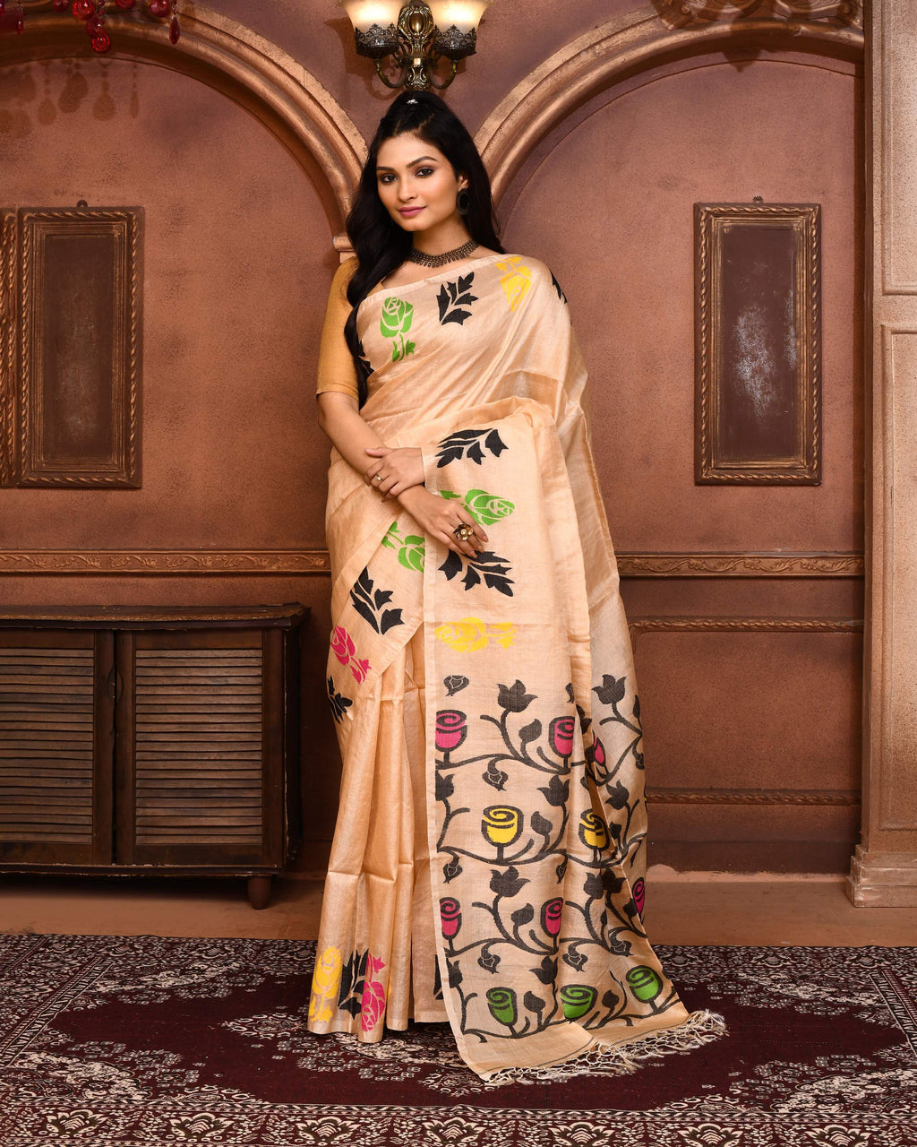 Piyari Fashion Beige Tussar Silk Jamdani Saree With Blouse Piece - Distacart