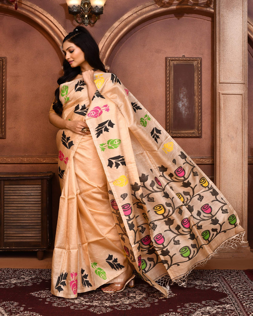 Piyari Fashion Beige Tussar Silk Jamdani Saree With Blouse Piece - Distacart