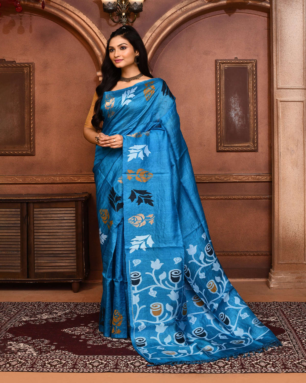 Piyari Fashion Turquoise Blue Tussar Silk Jamdani Saree With Blouse Piece - Distacart