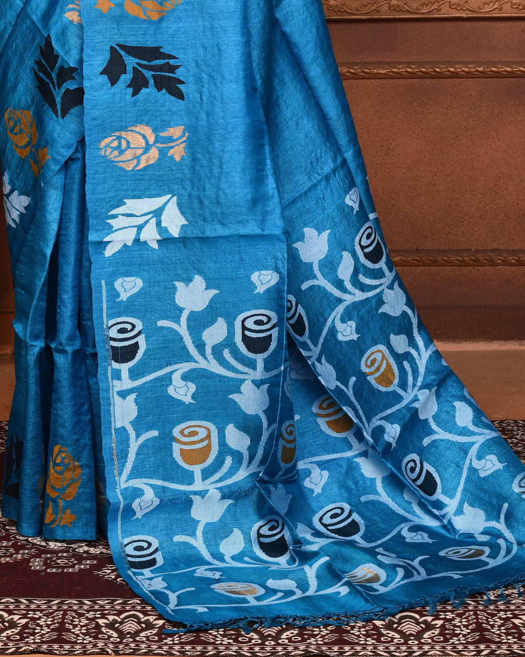 Piyari Fashion Turquoise Blue Tussar Silk Jamdani Saree With Blouse Piece - Distacart