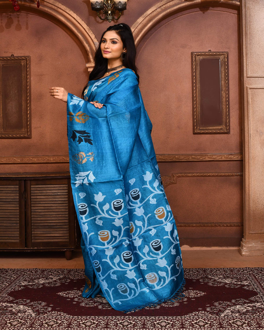 Piyari Fashion Turquoise Blue Tussar Silk Jamdani Saree With Blouse Piece - Distacart