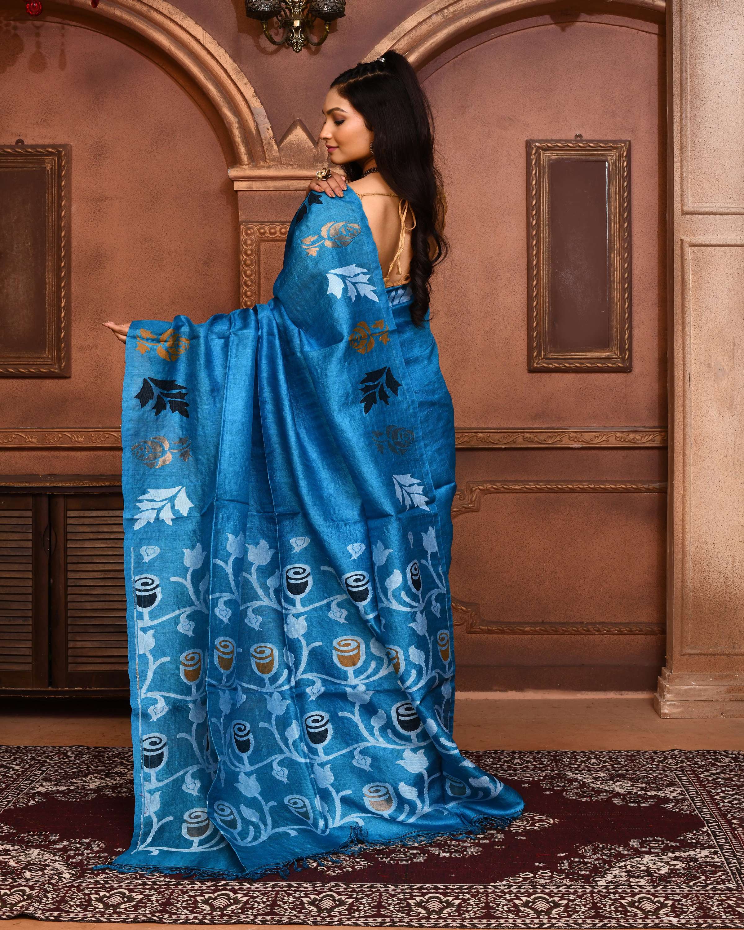 Piyari Fashion Turquoise Blue Tussar Silk Jamdani Saree With Blouse Piece - Distacart