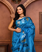 Piyari Fashion Turquoise Blue Tussar Silk Jamdani Saree With Blouse Piece - Distacart