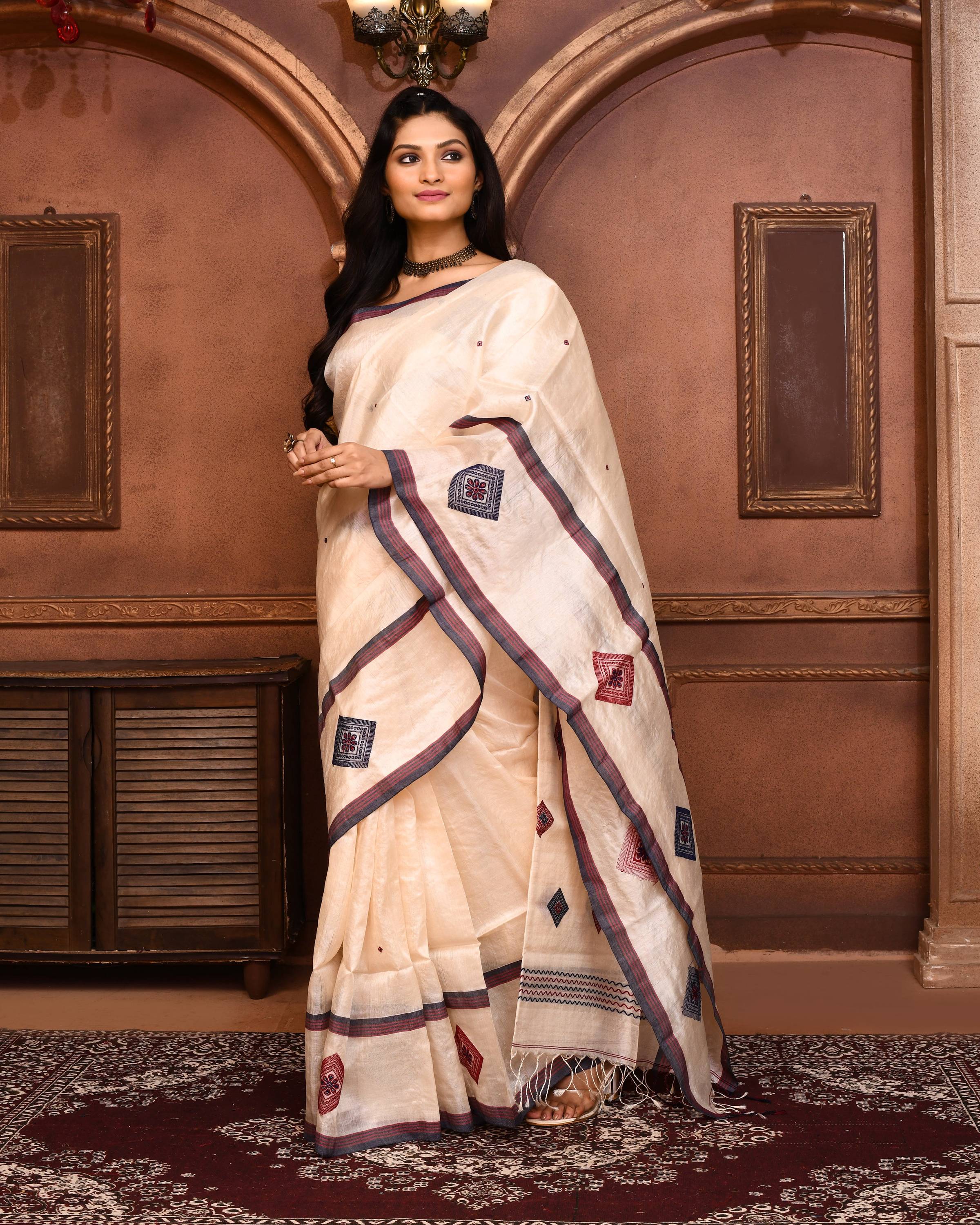 Piyari Fashion Off White Tussar Silk Jamdani Saree With Blouse Piece - Distacart