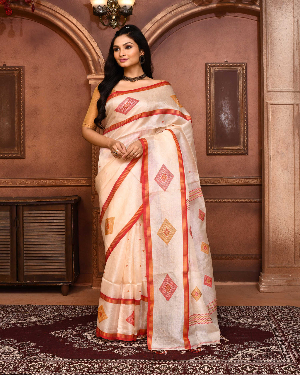 Piyari Fashion Off White Tussar Silk Jamdani Saree With Blouse Piece - Distacart
