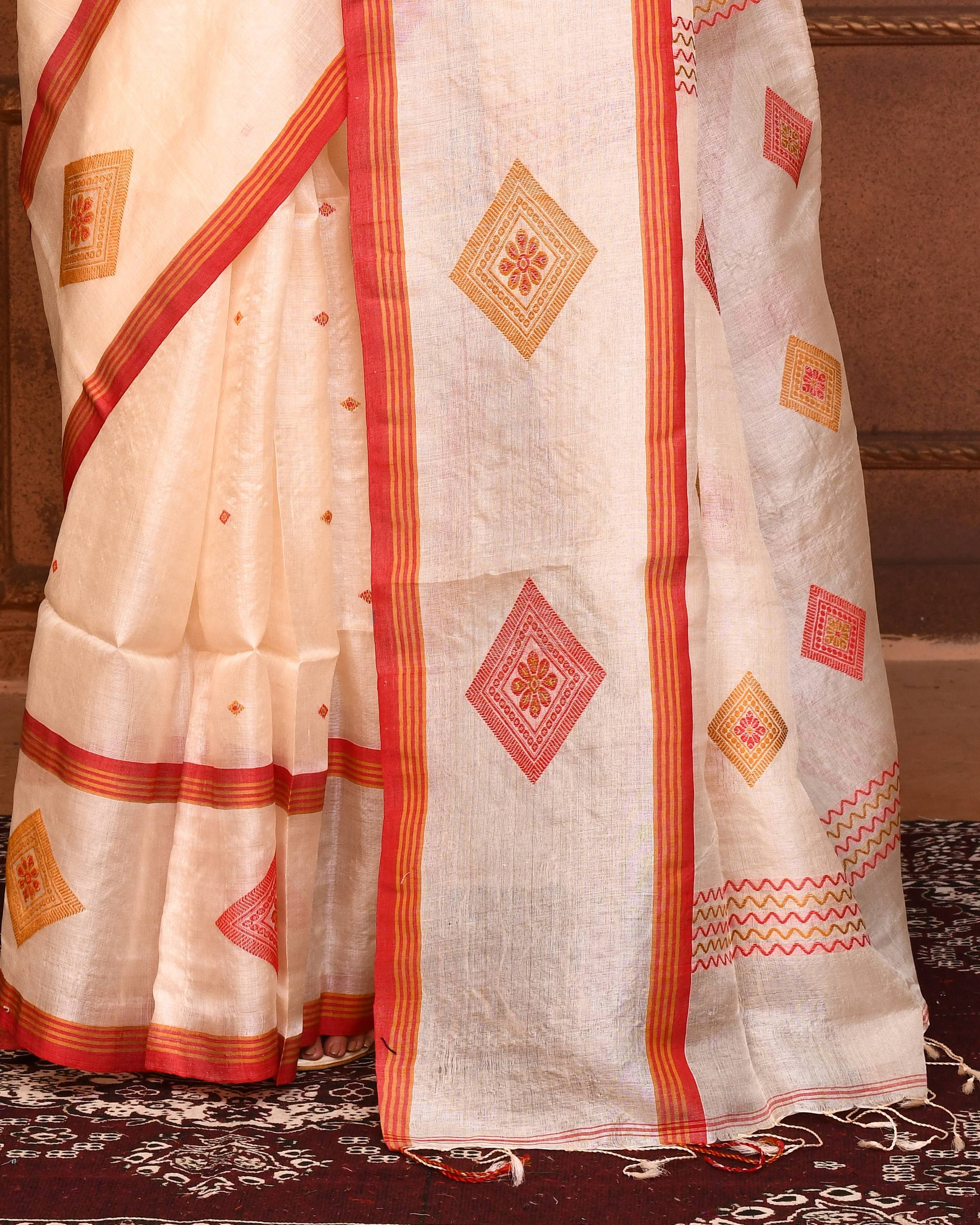 Piyari Fashion Off White Tussar Silk Jamdani Saree With Blouse Piece - Distacart