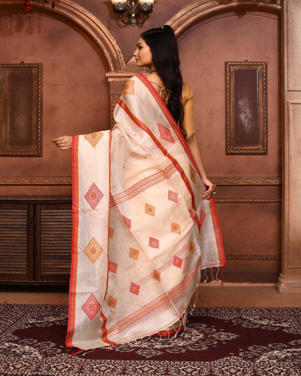 Piyari Fashion Off White Tussar Silk Jamdani Saree With Blouse Piece - Distacart