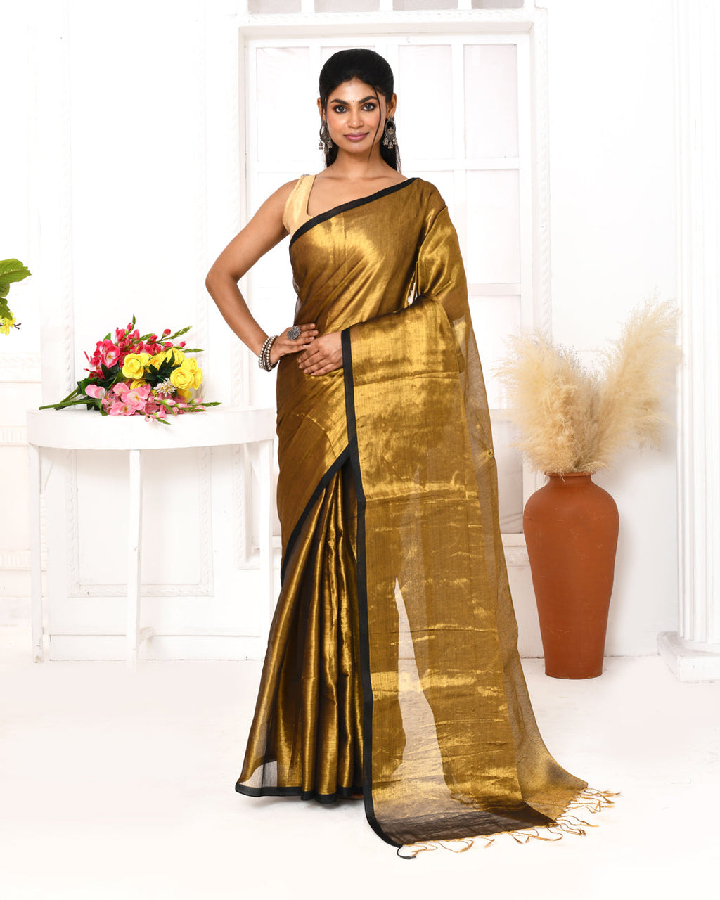 Piyari Fashion Women's Gold Dual Tone Organic Tissue Saree With Blouse Piece - Distacart