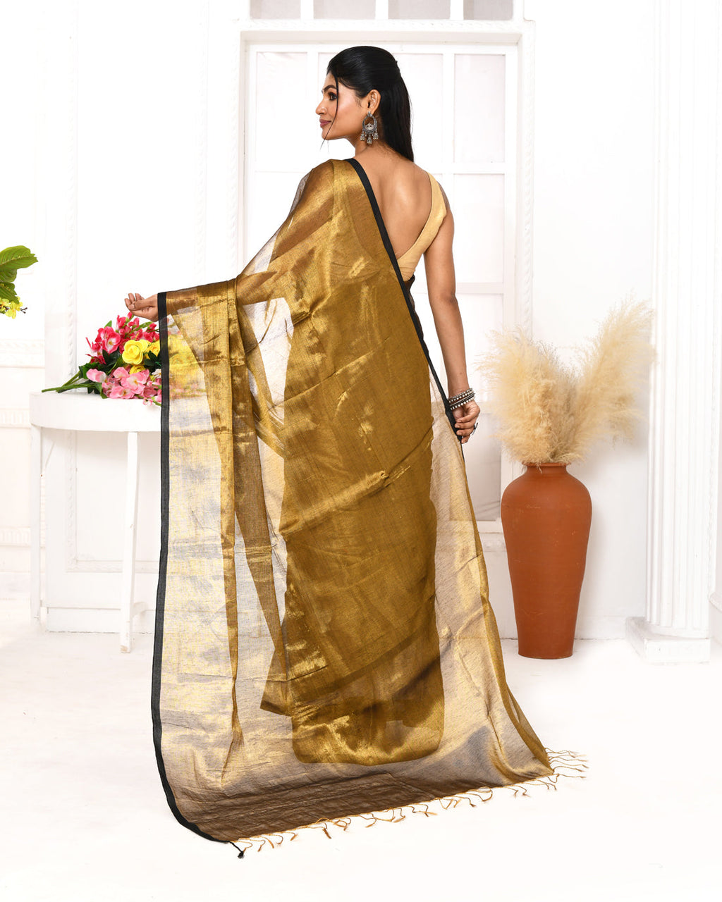 Piyari Fashion Women's Gold Dual Tone Organic Tissue Saree With Blouse Piece - Distacart
