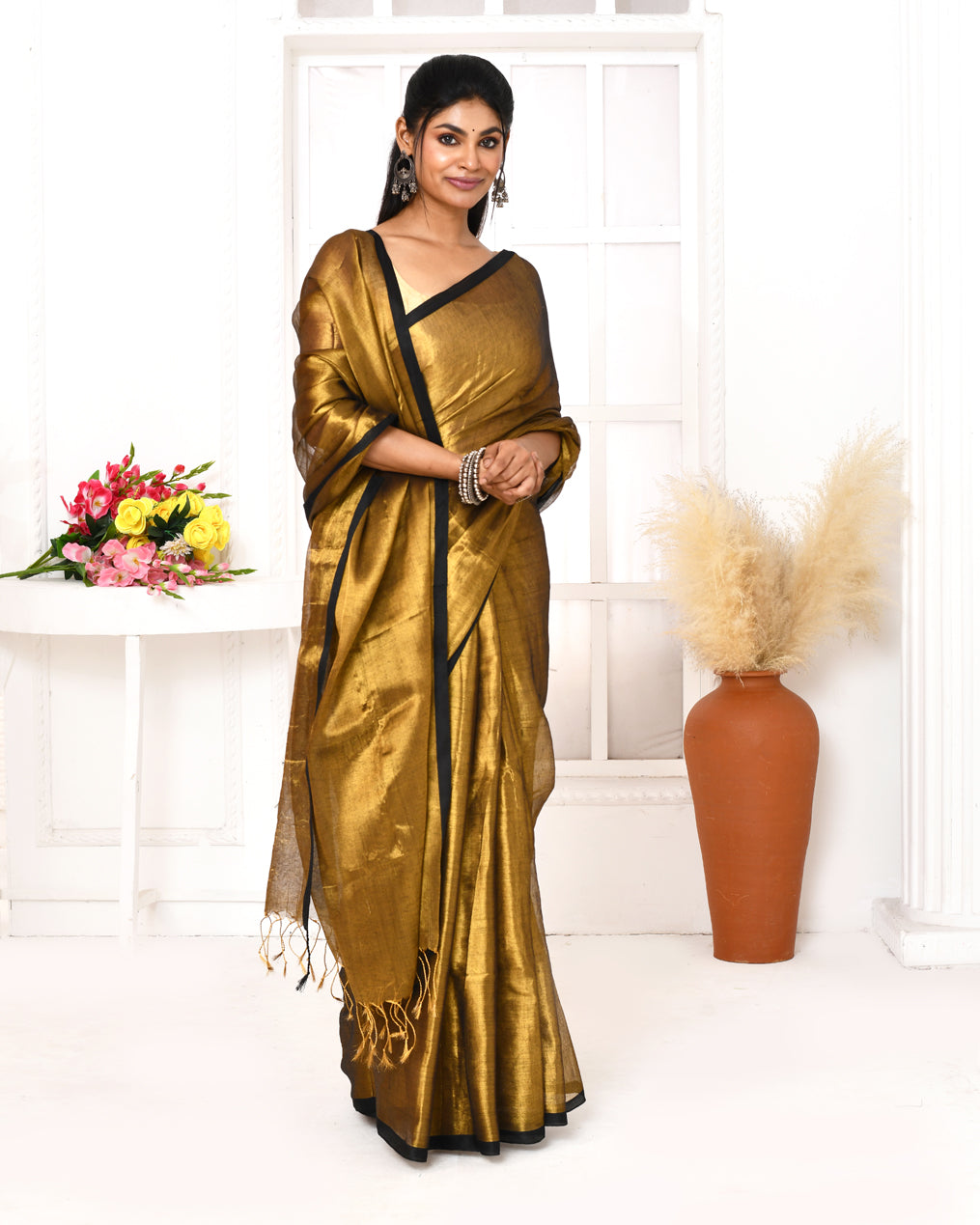Piyari Fashion Women's Gold Dual Tone Organic Tissue Saree With Blouse Piece - Distacart