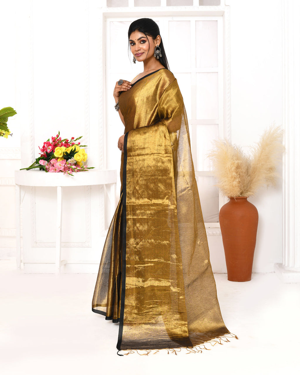 Piyari Fashion Women's Gold Dual Tone Organic Tissue Saree With Blouse Piece - Distacart
