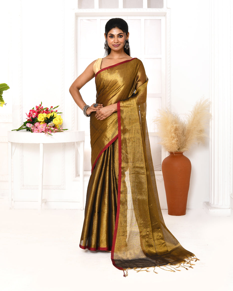 Piyari Fashion Women's Gold Dual Tone Organic Tissue Saree With Blouse Piece - Distacart
