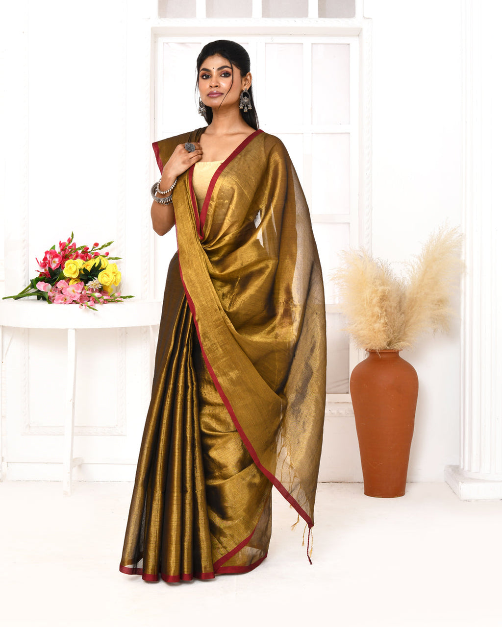 Piyari Fashion Women's Gold Dual Tone Organic Tissue Saree With Blouse Piece - Distacart
