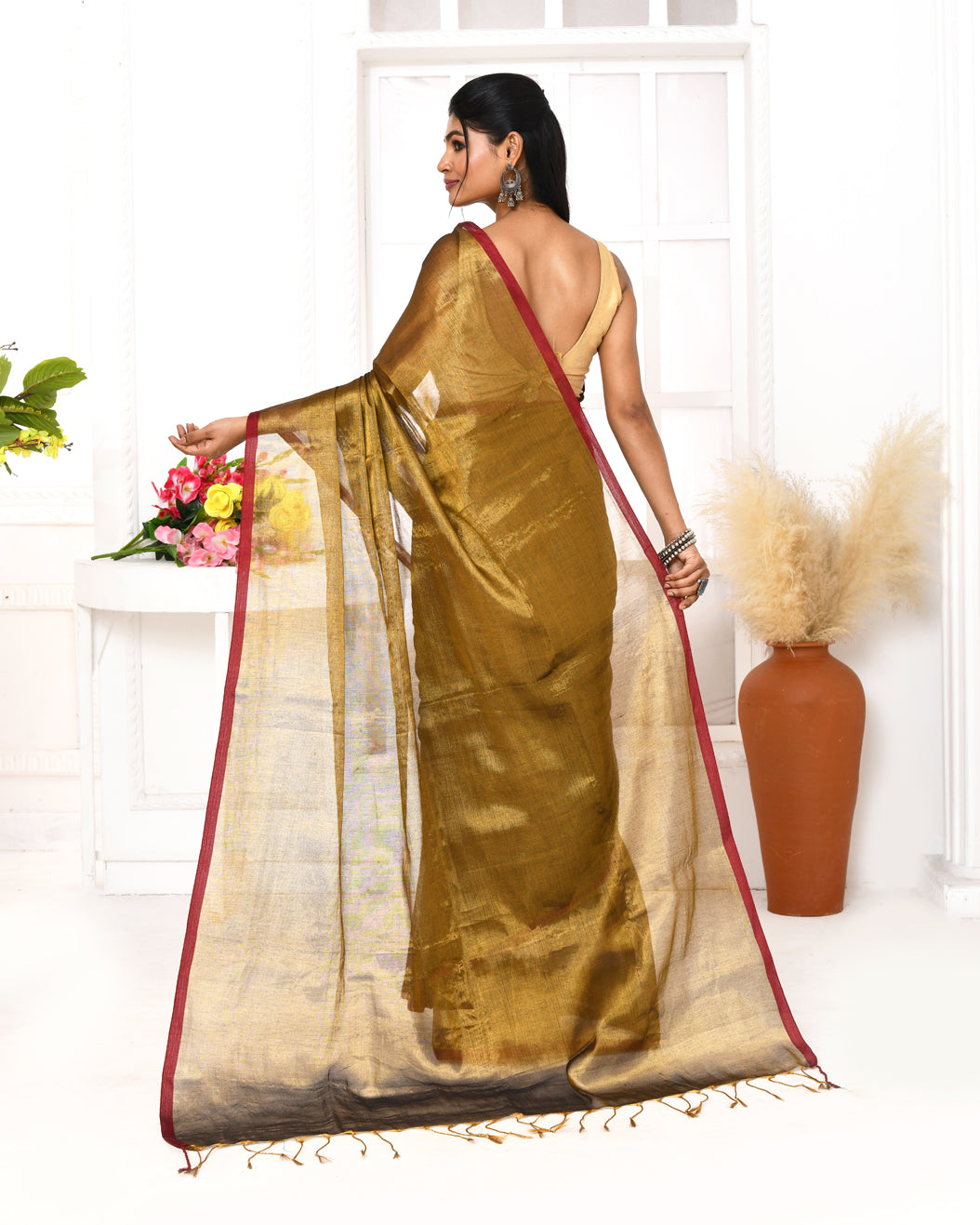 Piyari Fashion Women's Gold Dual Tone Organic Tissue Saree With Blouse Piece - Distacart