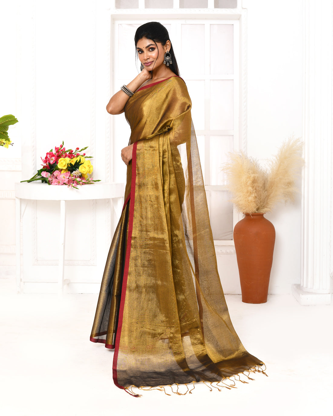 Piyari Fashion Women's Gold Dual Tone Organic Tissue Saree With Blouse Piece - Distacart