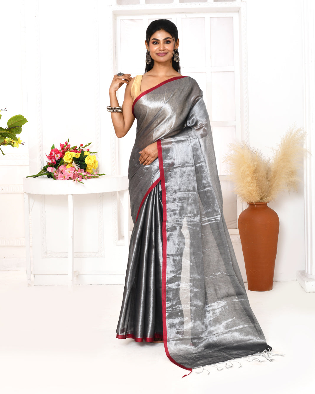 Piyari Fashion Women's Silver Grey Dual Tone Organic Tissue Saree With Blouse Piece - Distacart