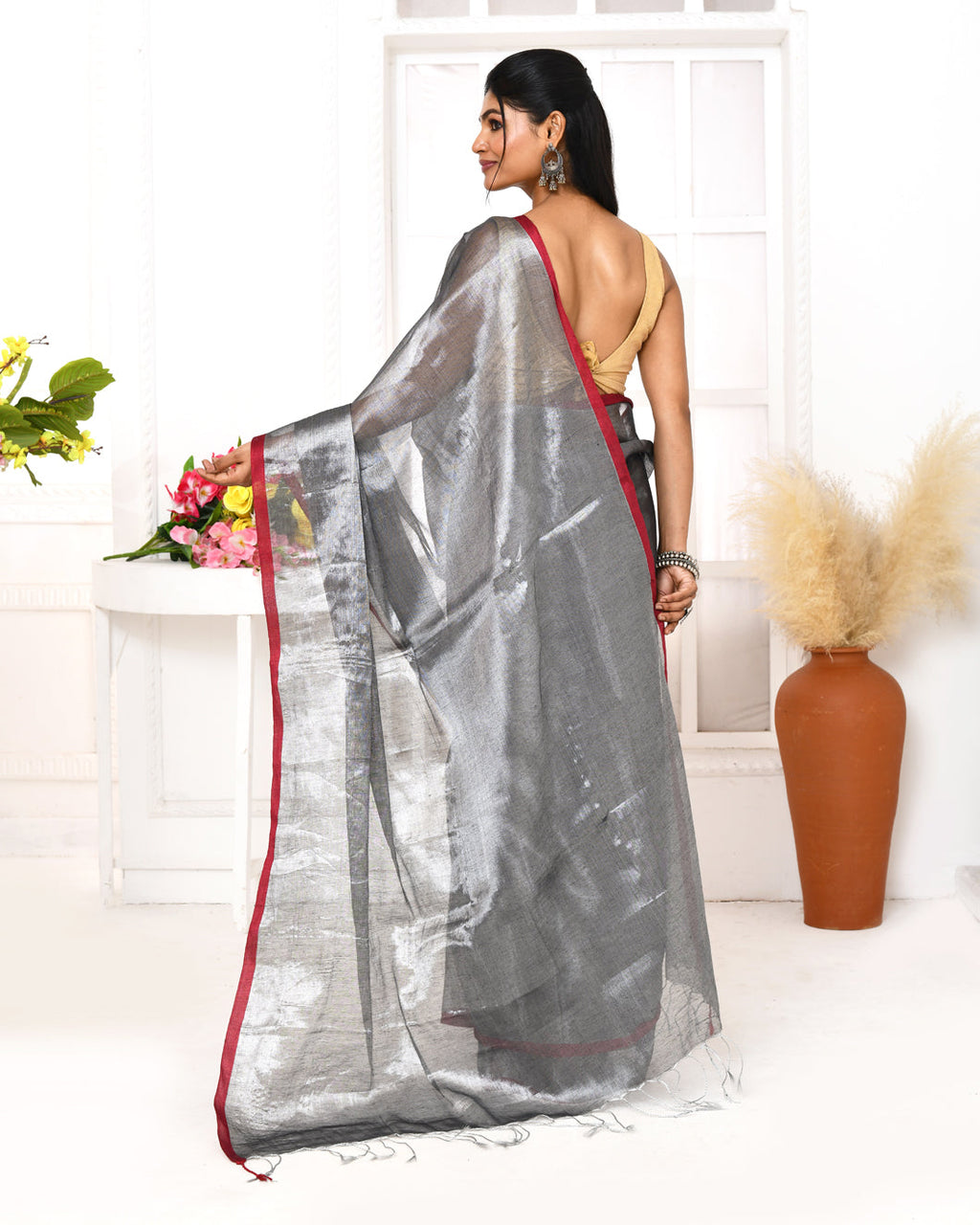 Piyari Fashion Women's Silver Grey Dual Tone Organic Tissue Saree With Blouse Piece - Distacart