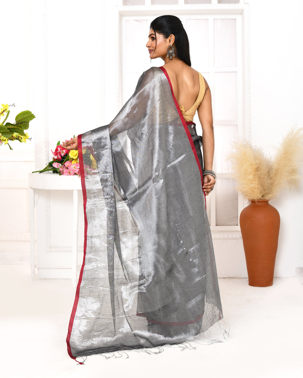 Piyari Fashion Women's Silver Grey Dual Tone Organic Tissue Saree With Blouse Piece - Distacart