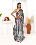 Piyari Fashion Women's Silver Grey Dual Tone Organic Tissue Saree With Blouse Piece - Distacart