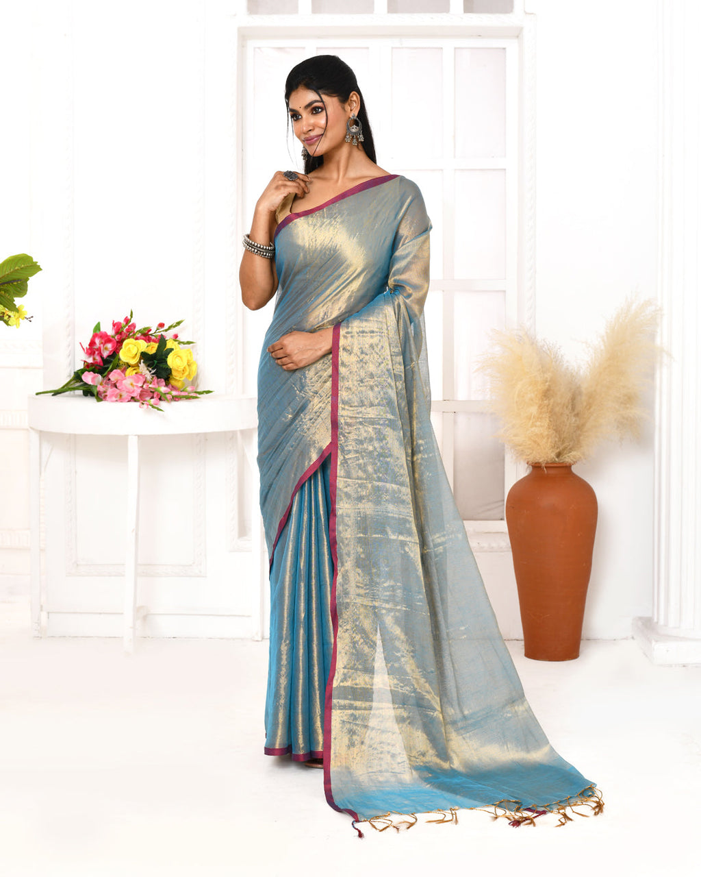 Piyari Fashion Women's Copper Blue Dual Tone Organic Tissue Saree With Blouse Piece - Distacart