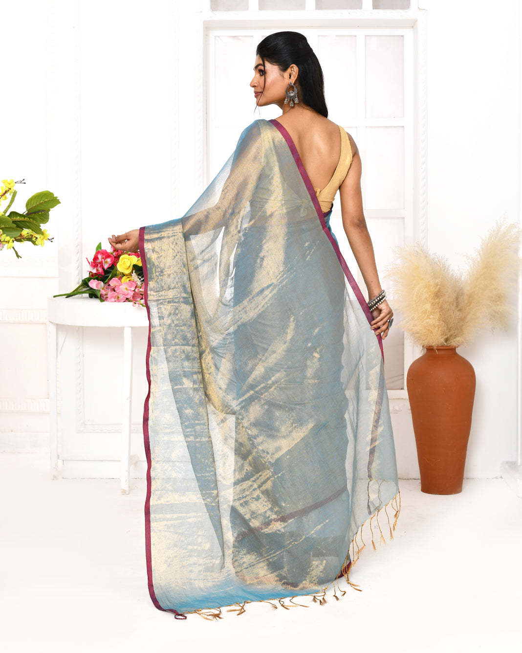 Piyari Fashion Women's Copper Blue Dual Tone Organic Tissue Saree With Blouse Piece - Distacart