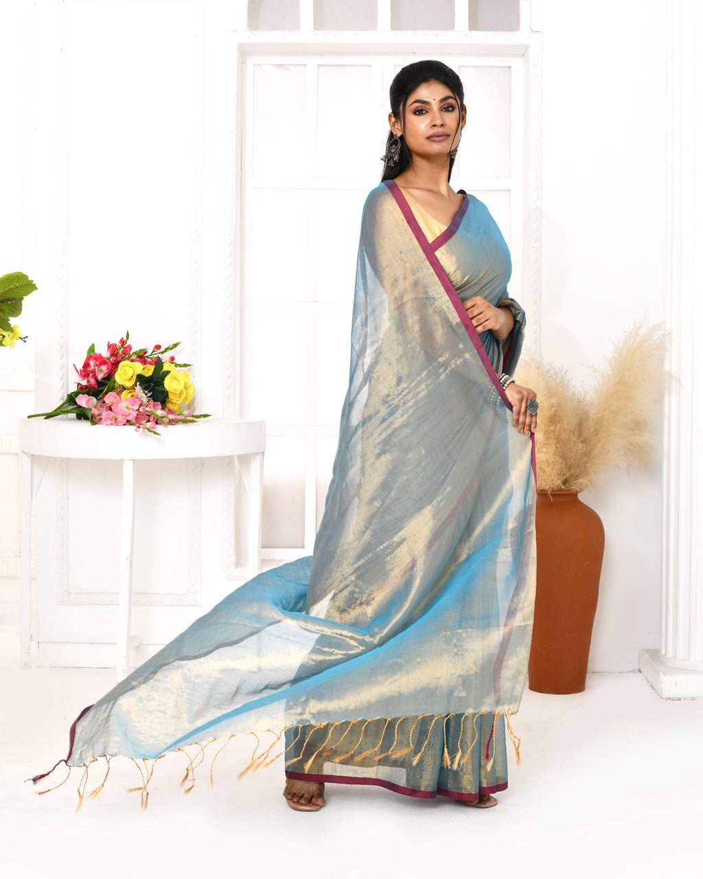 Piyari Fashion Women's Copper Blue Dual Tone Organic Tissue Saree With Blouse Piece - Distacart
