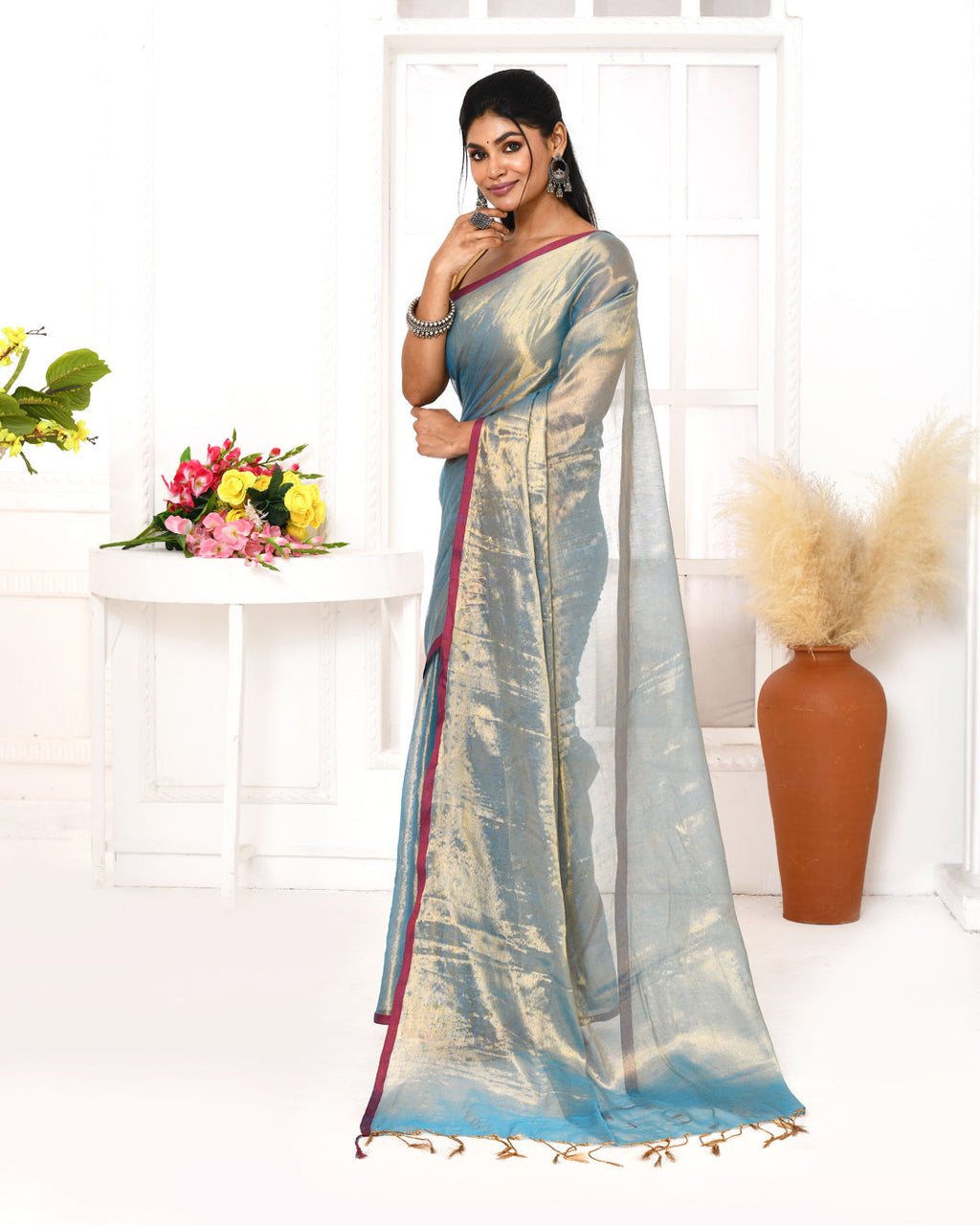 Piyari Fashion Women's Copper Blue Dual Tone Organic Tissue Saree With Blouse Piece - Distacart