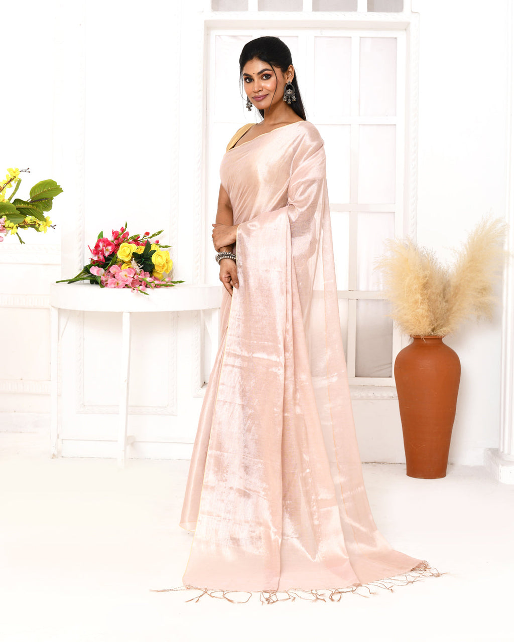 Piyari Fashion Women's Peach Organic Tissue Saree With Blouse Piece - Distacart